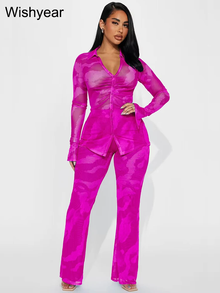 

Women's Long Sleeve Sheer Mesh Printed Blouse Top and Wide Legs Pants, Two Piece Sets, Tracksuit, Street Workout Clubwear, New