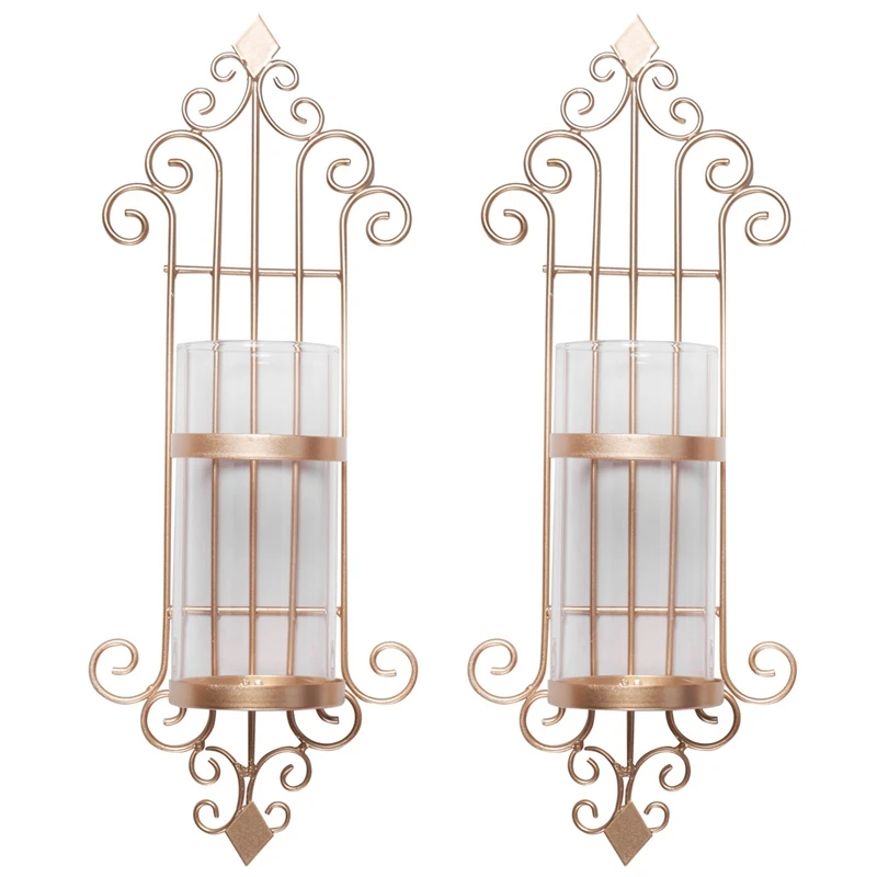 HOT 2 Pcs Wall Sconce Candle Holder, Antique-Style Golden Metal Wall Art Decorations For Living Room, Bathroom, Dining Room