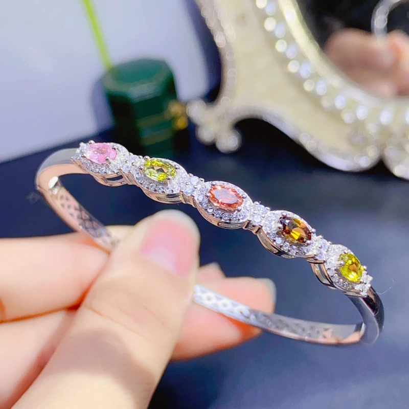 Женский позолоченный браслет с натуральным турмалином серебро 925 пробы