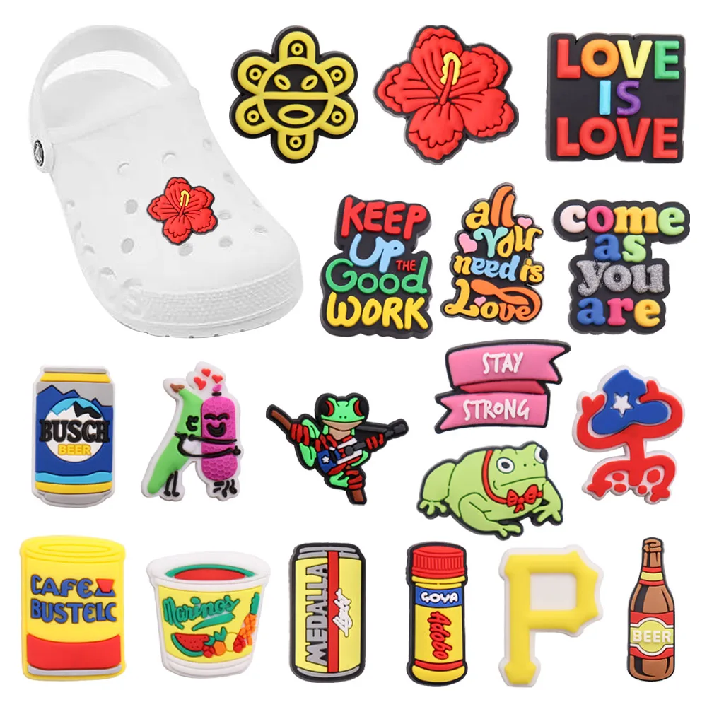 

1-18 шт. ПВХ Croc Jibz хорошо работает все, что вам нужно, это любовь, банан, пиво, оставайтесь сильными, подвески для обуви, аксессуары, украшения