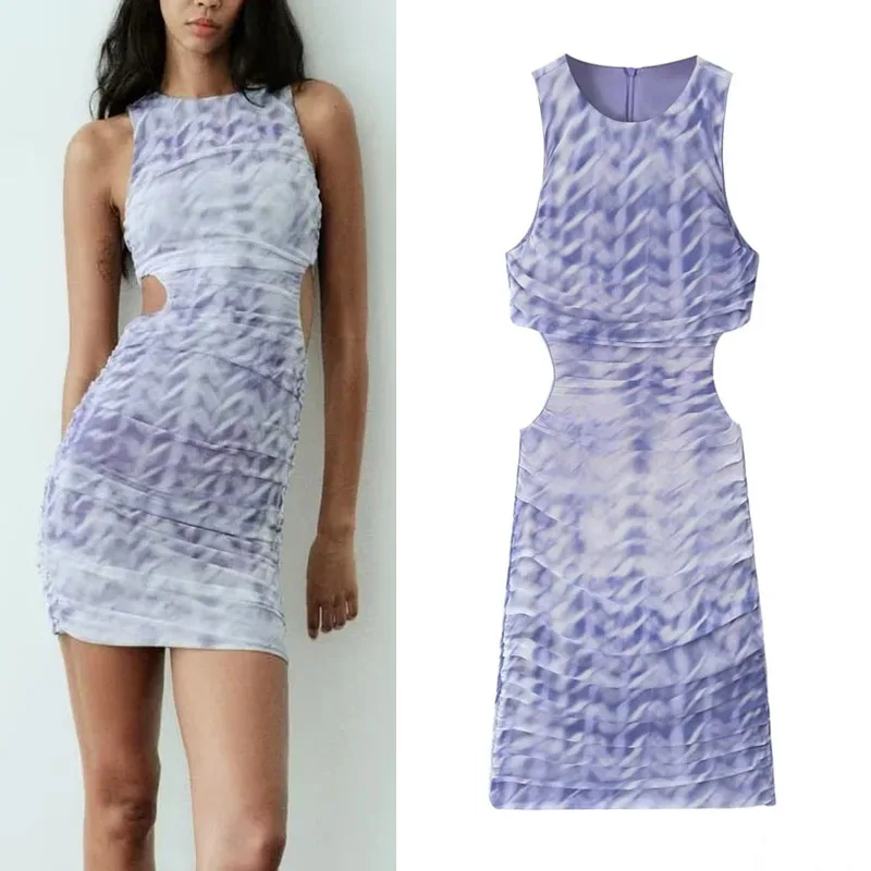 

TRAF Print Tulle Mini Dress For Women Round Neck Sleeveless Waist Cut Out Female Dresses Chic Slim Elegant Party Short Dresses