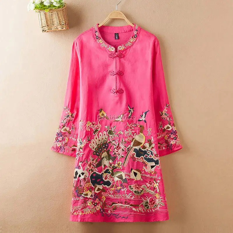 

2023 retro chinese national style cotton linen women chinese disc buckle embroidery flower mid-length loose shirt long top s109