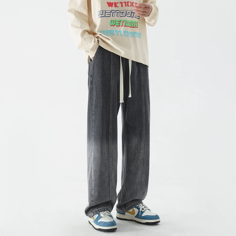 CAAYU New Korean Fashion Jeans Men's Baggy Classic Japanese Streetwear Straight-leg Denim Wide-leg Pants Male Black Gray Jeans