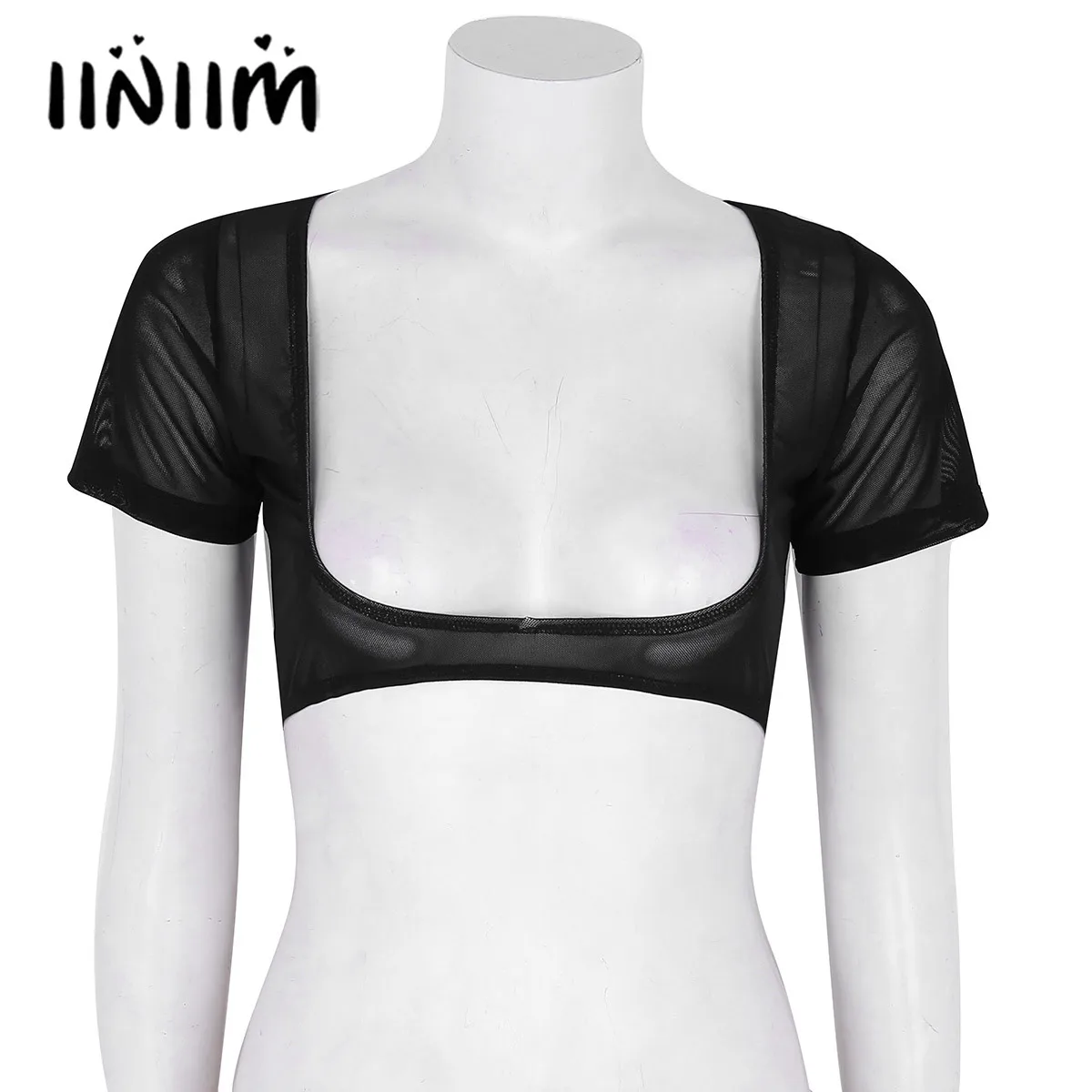 

iiniim Womens Mesh See Through Sheer Open Bust Leotard Costume Adult Female Belly Dance Crop Top for Sexy Night Clubwear
