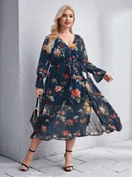 toleen women large plus size midi dress 2022 summer chic elegant blue long sleeve casual floral evening party festival clothing