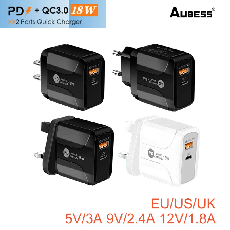 

Quick Charge Type- C 18W PD QC 3.0 Dual USB Charger EU US AU Plug For IPhone X 8 Note 9 10 Power Delivery Mobile Phone Adapter