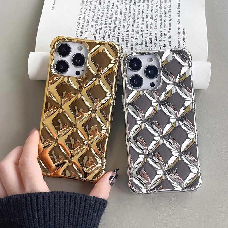 

Luxury Electroplating Gold Rhombic Lattice Phone Case For iphone 14 Plus 13 Pro Max Funda 12 11 Silicone Coque Shockproof Cover
