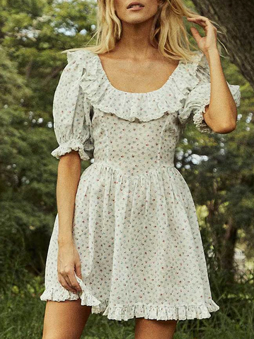 

Puff Sleeve Floral Mini Dress New 2022 Summer Ruffle Peter Collar High Waist Sexy Fashion Dresses Women Elegant Beach Party