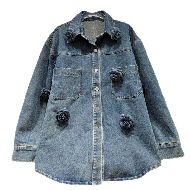202 трехмерная джинсовая рубашка с длинными рукавами и лацканами в виде розы