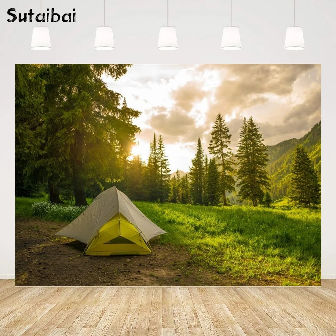 

Pine Forest Camping Backdrop for Photoshoot Sunrise Outdoor Travel Mountains Landscape Grassland Camp Tents Photography Backdrop