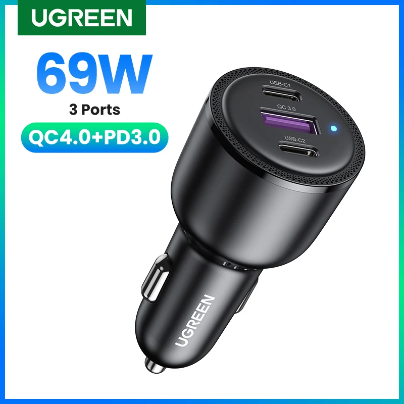 

【FRESH FINDS】UGREEN 69W Car Charger USB Type C PD QC 4.0 3.0 Fast Charging For iPhone 14 13 12 Samsung Mobile Phone Car Charger