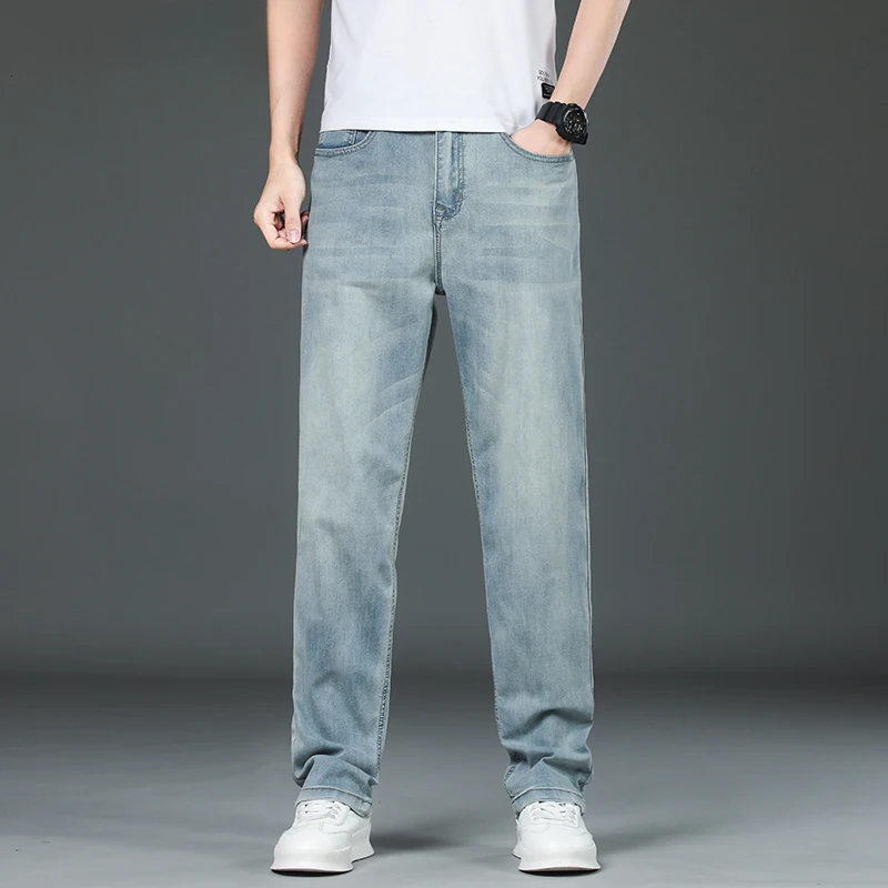 

Новинка лета 2023, мужские тонкие синие прямые джинсы в стиле ретро на лето, хлопковые удобные мягкие свободные джинсовые Стрейчевые брюки, мужские Брендовые брюки