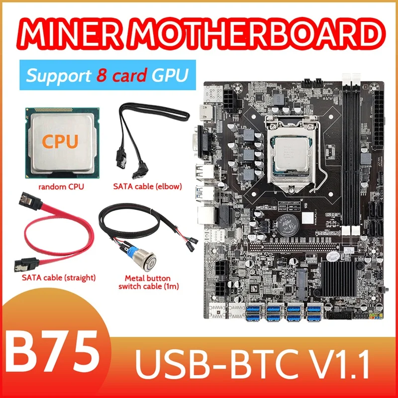 B75 8 Card BTC Mining Motherboard 8XUSB3.0(PCIE 1X)LGA1155 DDR3 RAM MSATA+CPU+Metal Button Switch Cable(1M)+2XSATA Cable