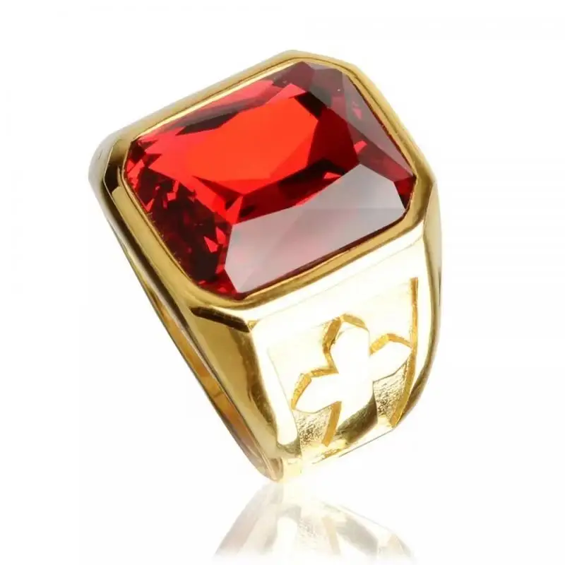 

Men's Fashion Square Red Zircon Ring Cross Design Gold Color Look Classic Style Casual Party Jewelry Gift