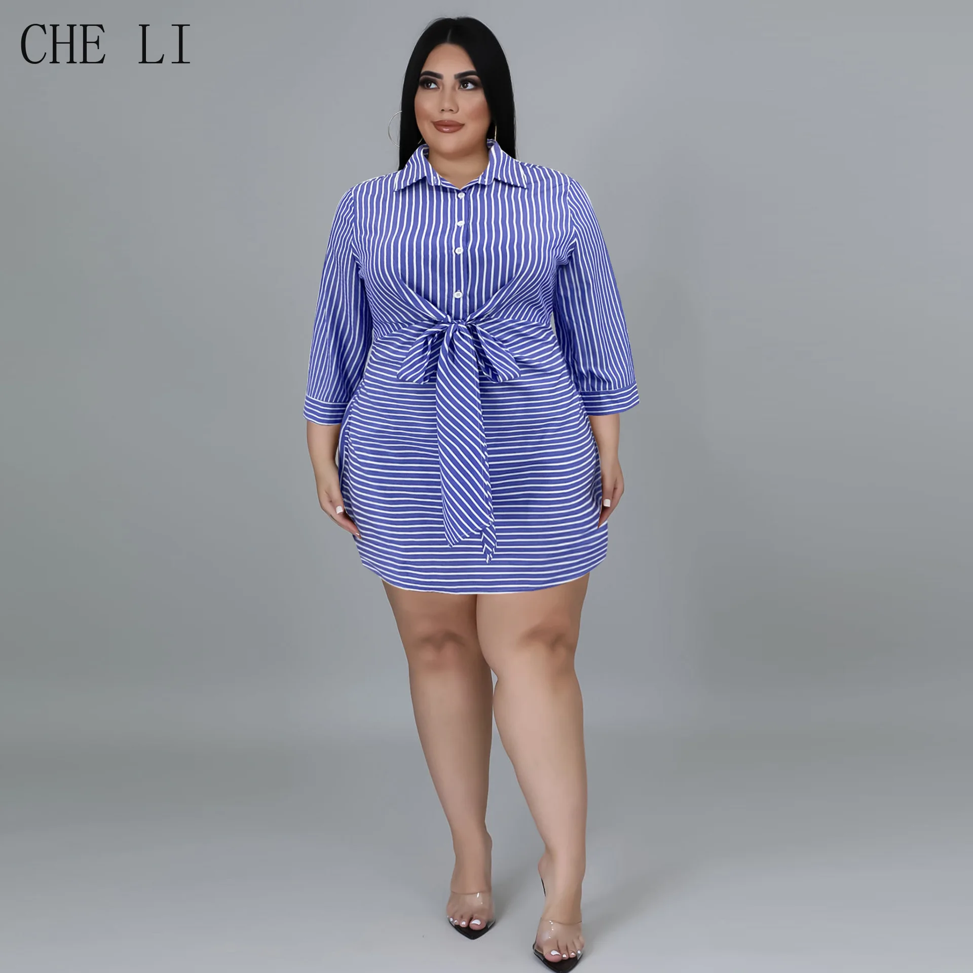 Temperament Spring and Autumn Plus Size Women's Clothing INS Sexy Waist Tie Nine-point Sleeve Lapel Striped Shirt Dress Female