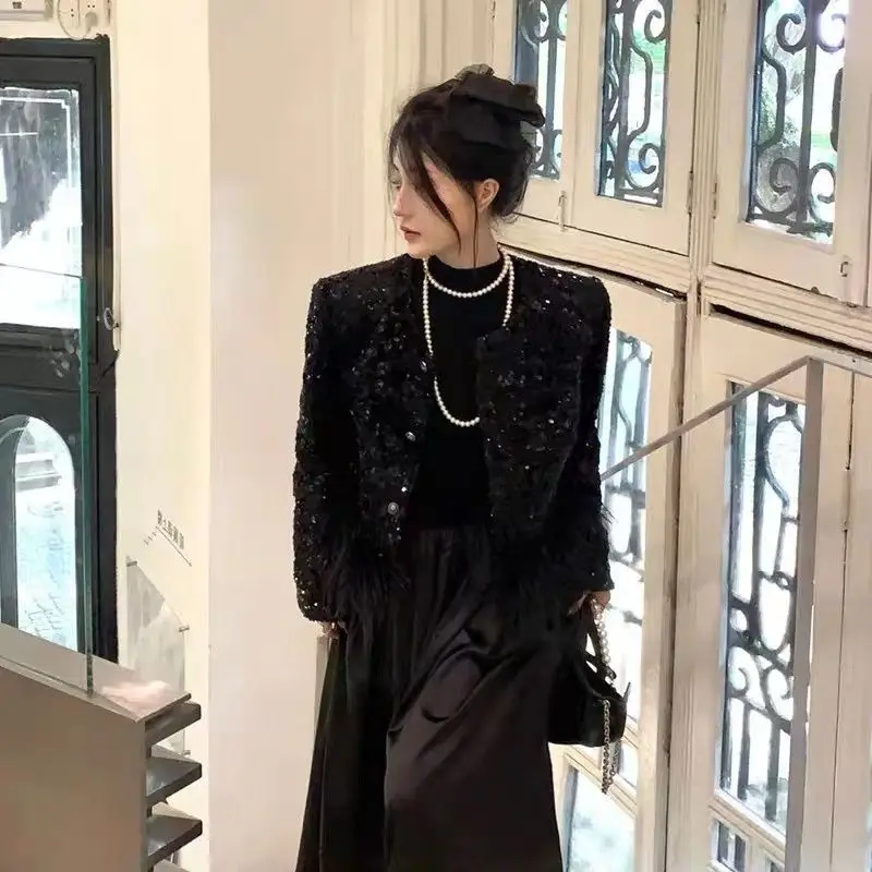 Женское осенне-зимнее черное маленькое ароматное грубое твидовое элегантное