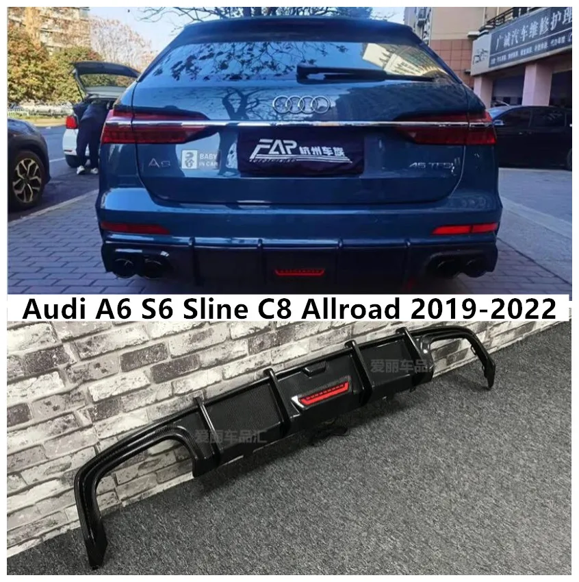 

REAL CARBON FIBER REAR BUMPER TRUNK LIP SPOILER DIFFUSER For Audi A6 S6 Sline C8 Allroad 2019 2020 2021 2022 (With Light)