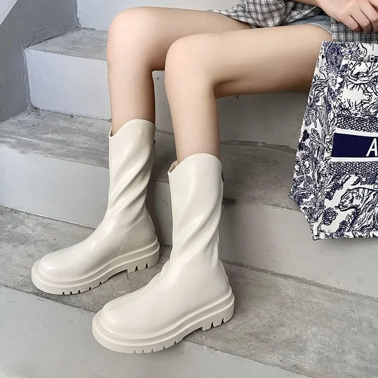

Women Mid Calf Boots Autumn Winter2022 New Medium Heel Shoes Round Toe Winter Footwear High Quality Soft PU Leather Ladies Shoes