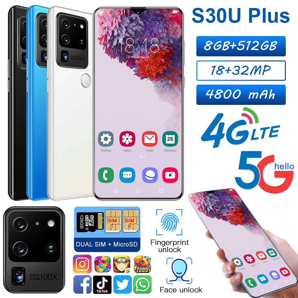 Global Version S30U Plus 6.8HD Full screen Android Smartphone 8GB 512GB celular 4800mAh смартфоны Cellphone 32MP 5G Network