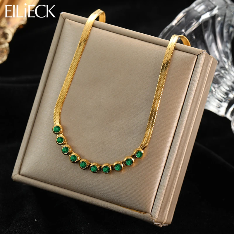 

EILIECK 316L Stainless Steel Green White Zirconia Chain Necklace Jewelry For Women Delicate Necklace бежутерия женская колье