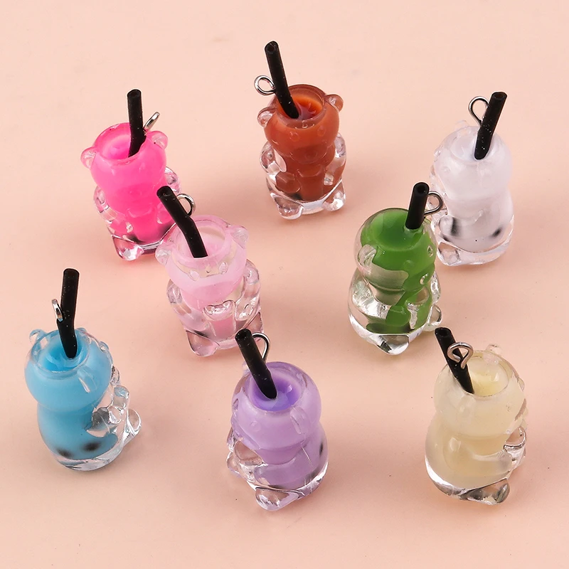 

10Pcs Colorful Bear Glass Bottle Resin Charms Milk Tea Drinking Cup Glass Pendant for Jewelry Making Diy Bracelet Findings