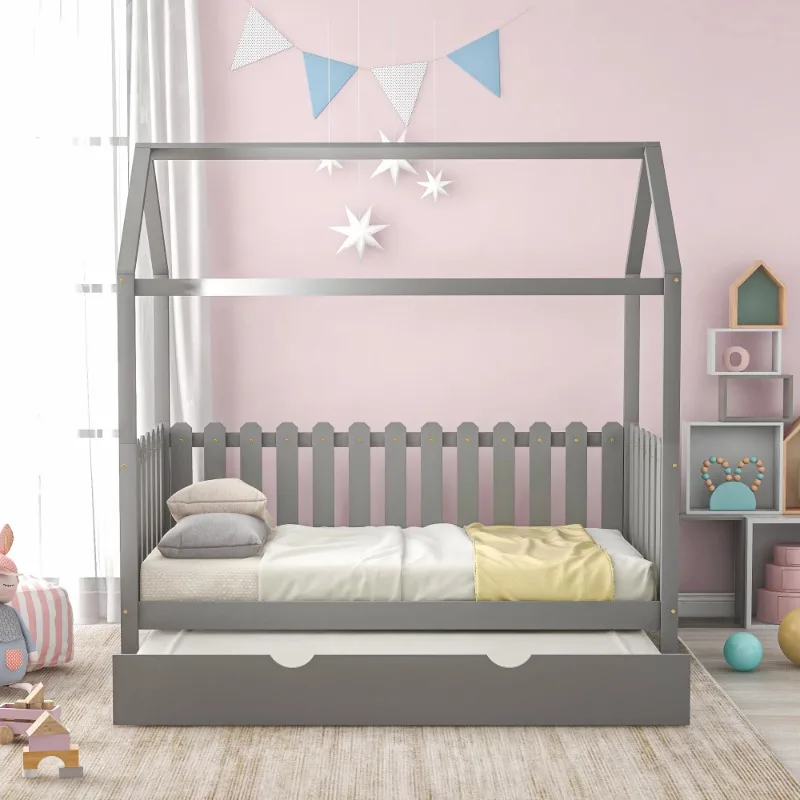 

EUROCO Pine Wood Twin Size House Bed with Trundle for Kids, Rustic Style, Gray