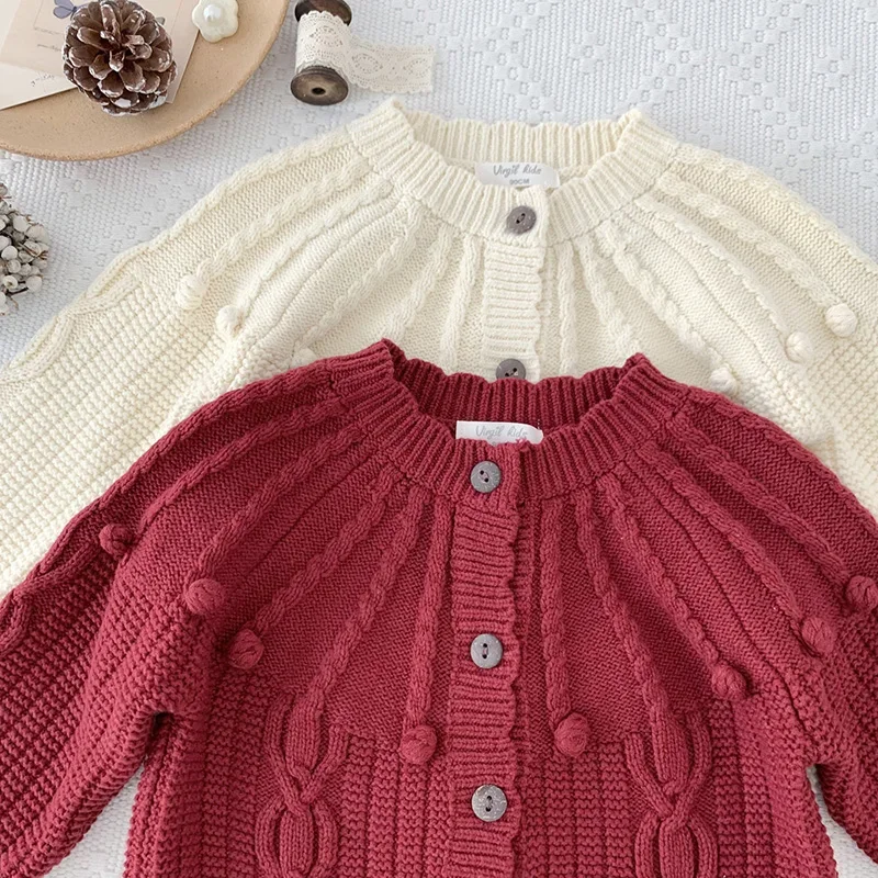 2025 год вязаный кардиган с шариками для маленьких девочек свитера длинными