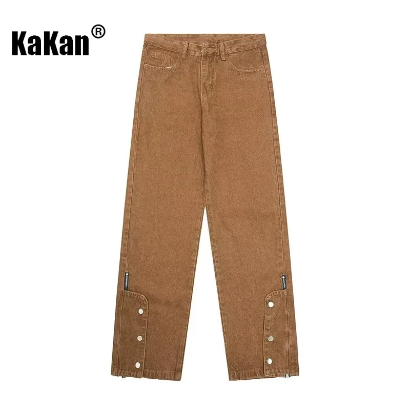 Kakan - New Style Buttoned Retro Jeans for Men Zippered Split Micro Flared Pants, Brown Coffee Color High Street Jeans33-l152216