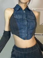 2022 summer women patchwork 2 piece denim patchwork tanks with gloves knitted lace up hollow out pants set matching suit