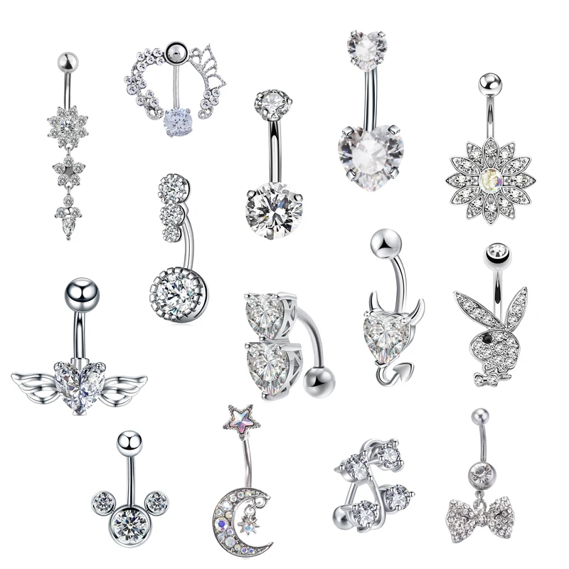

New Sexy Dangling Navel Belly Button Ring 14G Double Round Heart Cubic Zirconia 316L Surgical Steel Body Piercing Jewelry
