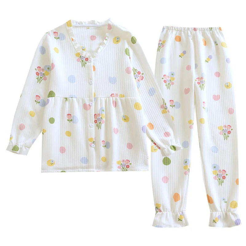 Fdfklak Air Layer Autumn Winter Pajamas Suit Women New Thick 100% Cotton Sweet Home Clothes Warm Sleepwear Set Plus Size M-4XL