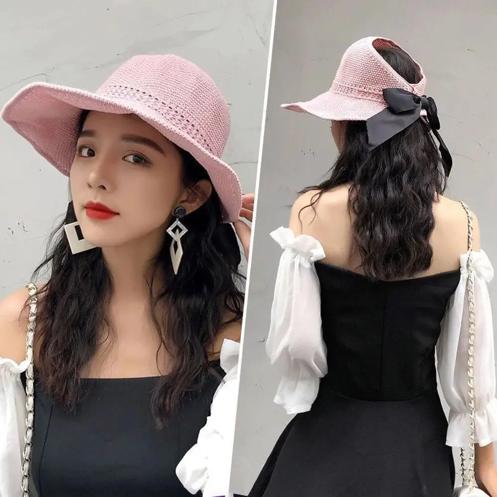 

Girls Bowknot UV Protection Female Outdoor Wide Brim Beach Hat Empty Top Visors Cap Women Straw Hat Summer Sun Hat