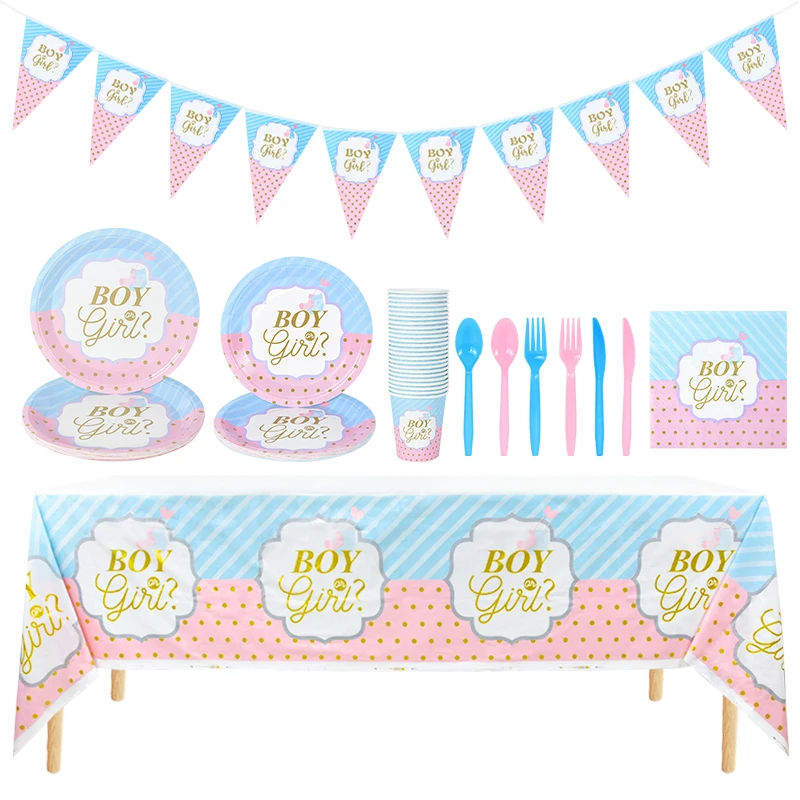 

Gender Reveal Disposable Tableware Set Baby Shower Boy Or Girl Plate Napkin Tablecloth Gender Reveal Party Decorations Supplies