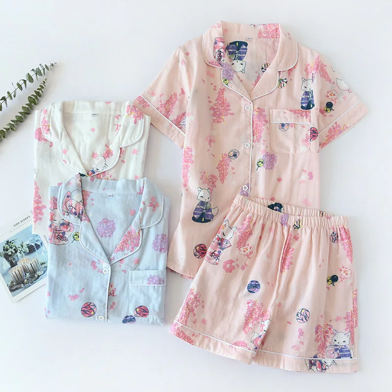 

Women Short Sleeve Cardigan Japanese Pajamas Shorts Summer Cotton Gauze Thin Flower Pattern Fresh and Loose Home Bielizna Nocna