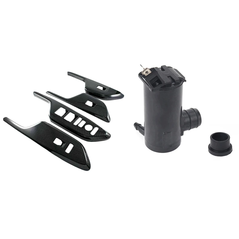 

2 Set Car Accessories: 1 Set Carbon Fiber Style Door Window Lock Switch Lift Inner Trim & 1 Pcs Windshield Washer Pump