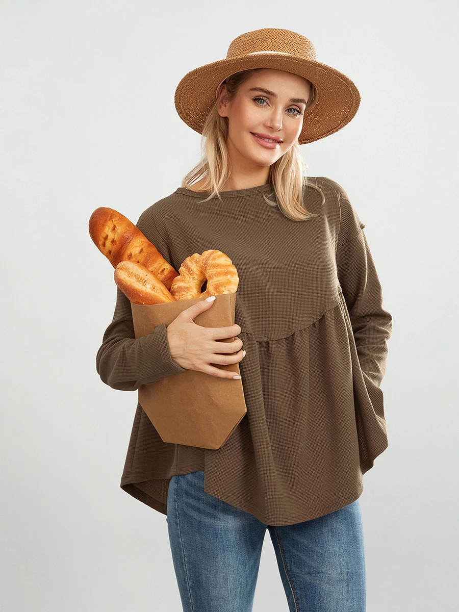 

Women T-shirt Long Sleeve Crew Neck Pleated Loose Solid Ladies Fall Tops Streetwear