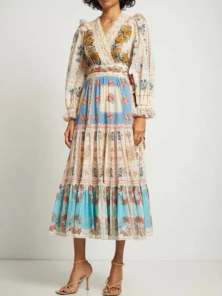 

2023 Latest Top Quality Spring Natural Cotton Floral Printing Embroidery Patchwork Midi Wrap Dress Women