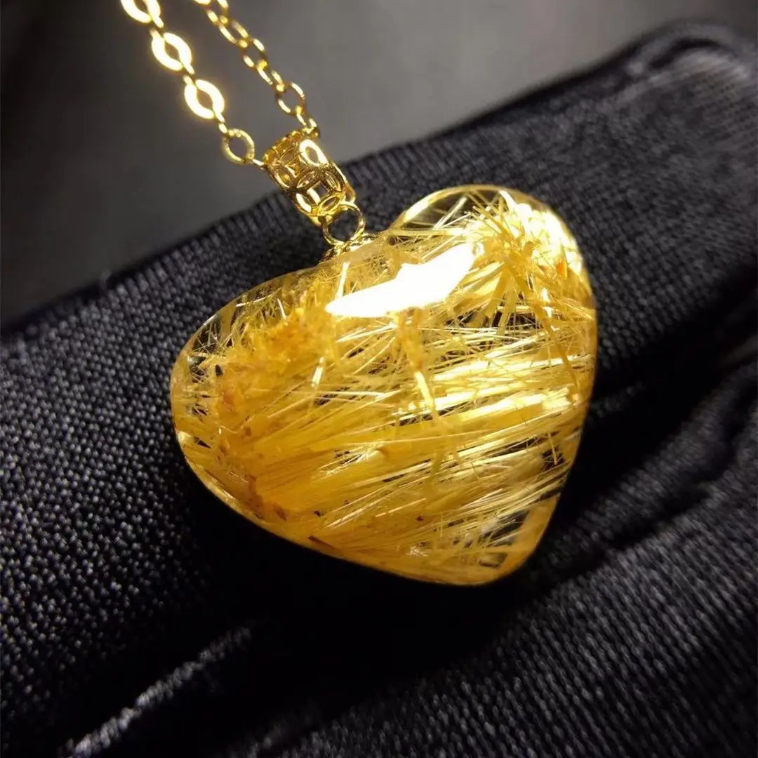 

Top Natural Gold Rutilated Quartz Pendant Jewelry 18K Gold For Woman Lady Man Healing Gift Wealth Crystal 16x14x6mm Beads AAAAA