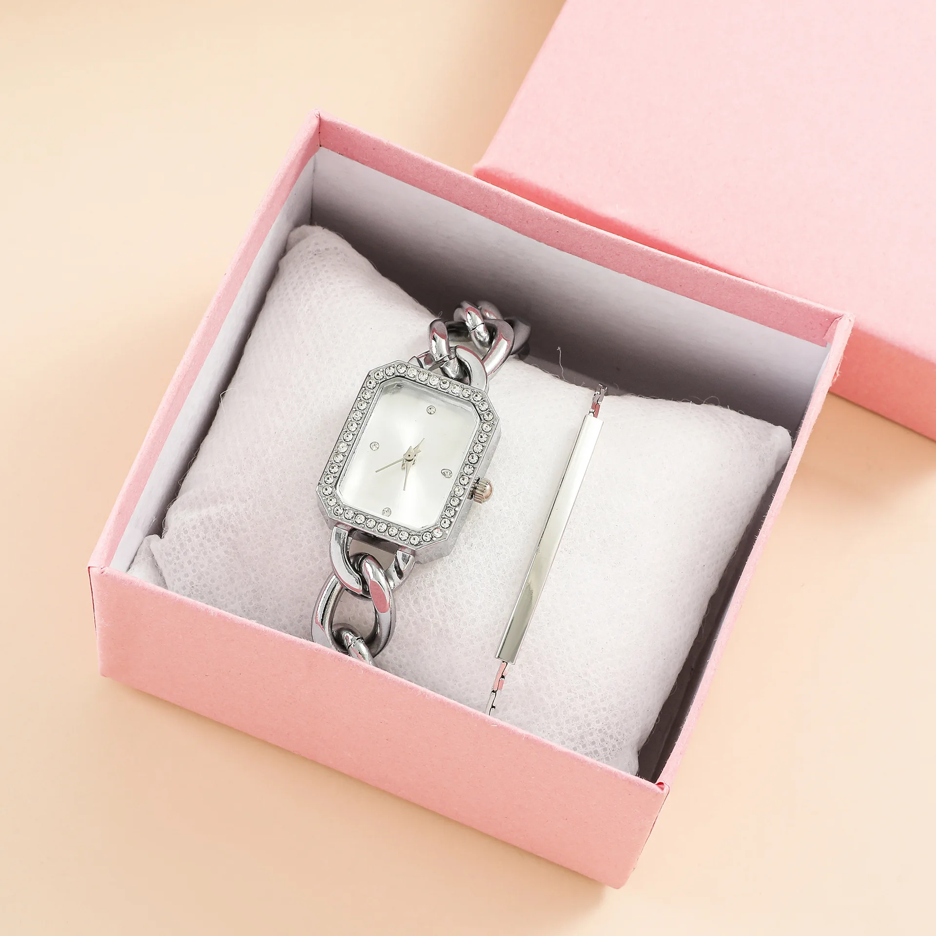 Hot new fashion women's Korean version of the simple hollowed out chain small square watch + simple bracelet set 2 pieces
