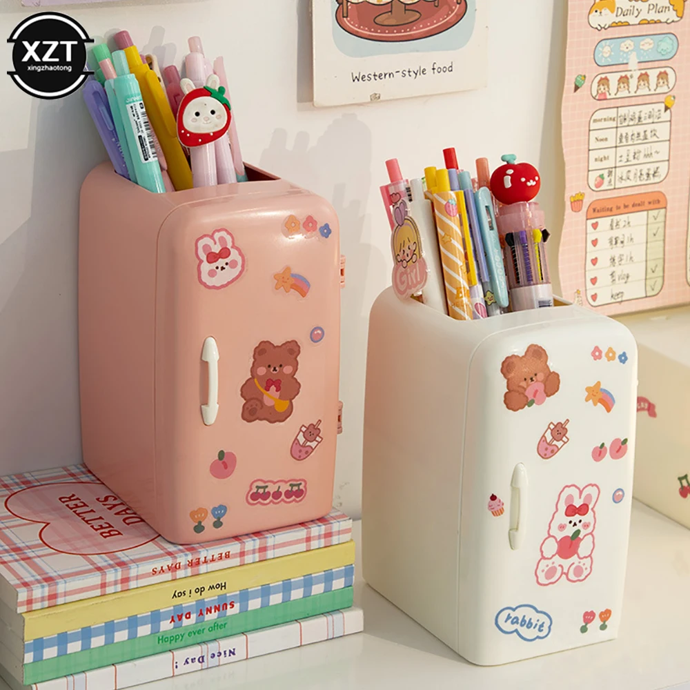 Pen Holder With Sticker Kawaii Plastic Creative Desk Organizer For Pens Makeup Brush Home Office Storage Box