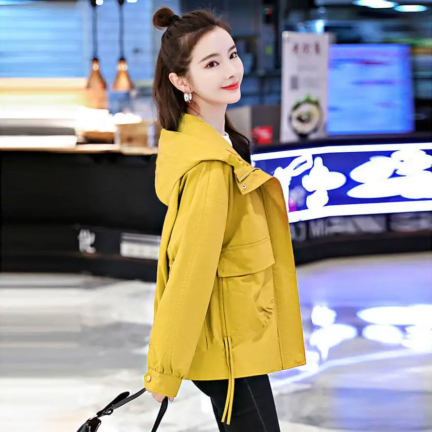 

Women 2022 Spring Autumn Basic Hooded Short Jacket Female Casual Pockets Jackets Coats Lady Long Sleeve Windbreaker Outwear T69