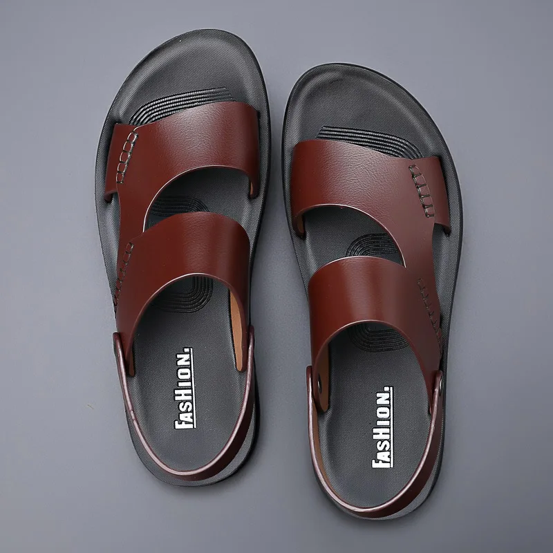 

2022 Summer New Fashion Men Shoes Vintage Real Leather Non-slip Beach Slip-On Sandals Travel Flip Flop Slippers Black Brown