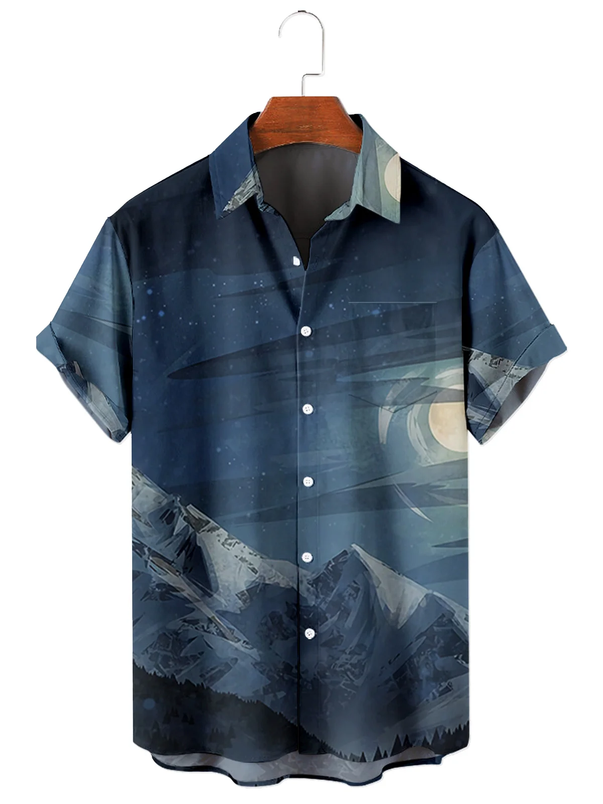 2022 Summer Beach Casual Men's Short Sleeve Lapel Shirt Plus Size Mountain 2 3D Printed Men's Top with Pockets