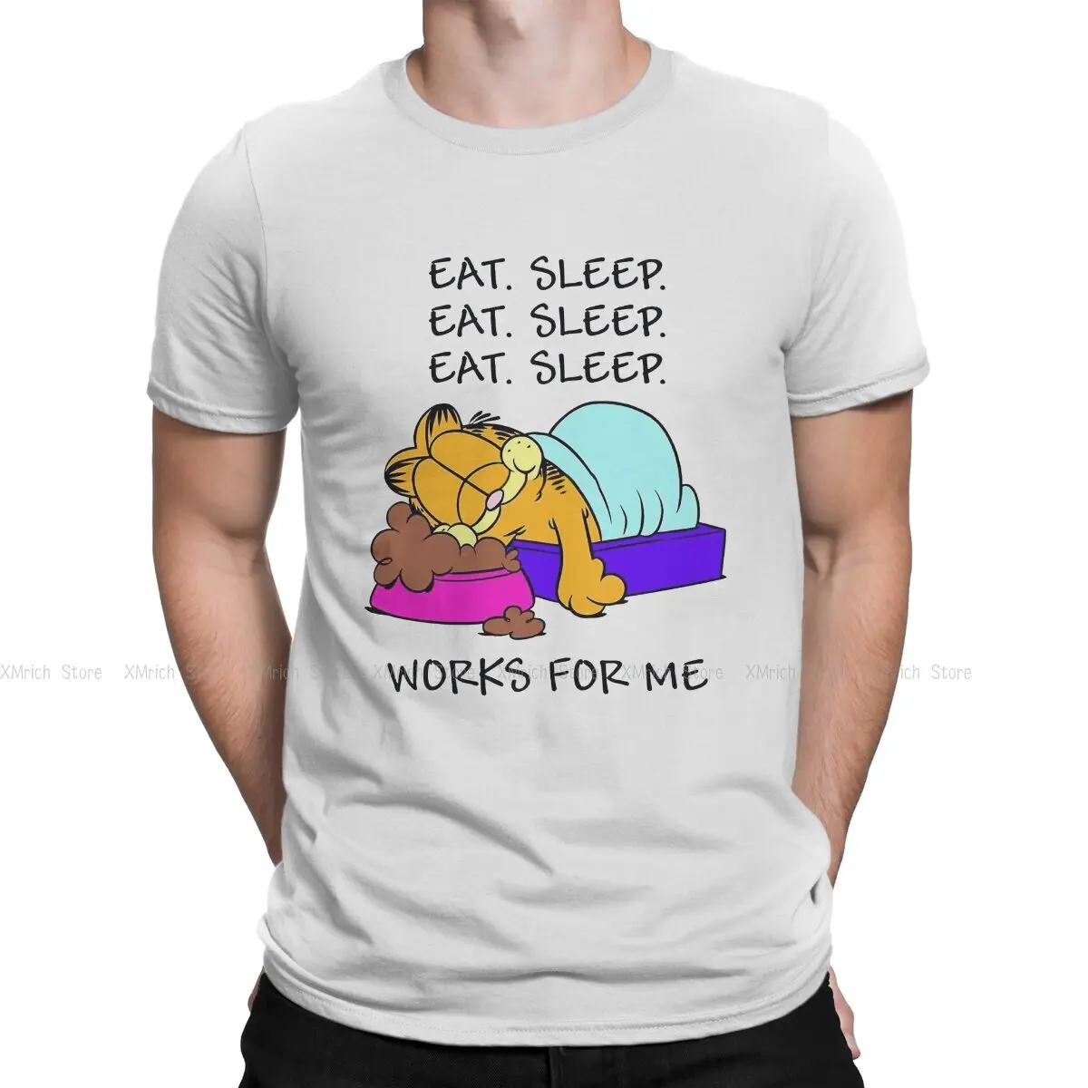 

Men Eat Sleep Works For Me T Shirts Orange Cat 100% Cotton Tops Fashion Short Sleeve Crew Neck Tee Shirt Adult T-Shirt