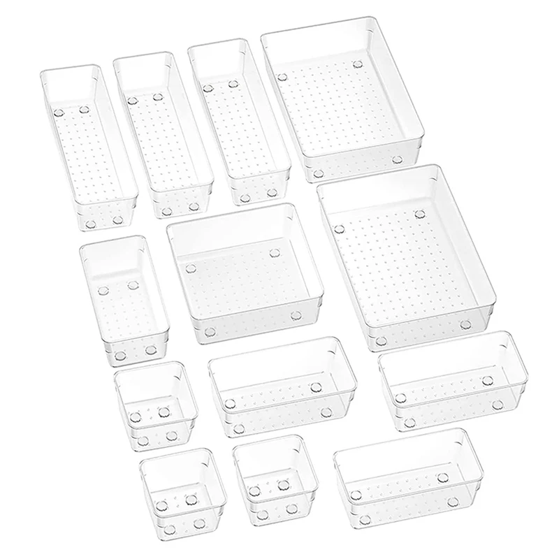 

13PCS Clear Drawer Organizers Set, 5Sizes Plastic Vanity Drawer Organizers And Storage Bins, For Bedroom Dresser Kitchen