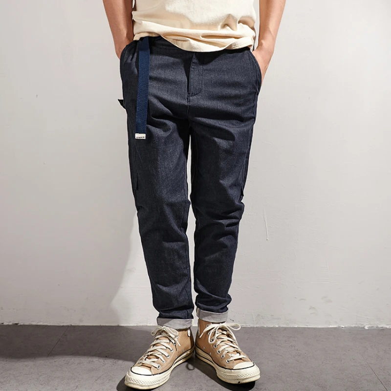 Men's jeans cropped trousers thin stretch dark blue slim feet trend casual pants in summer
