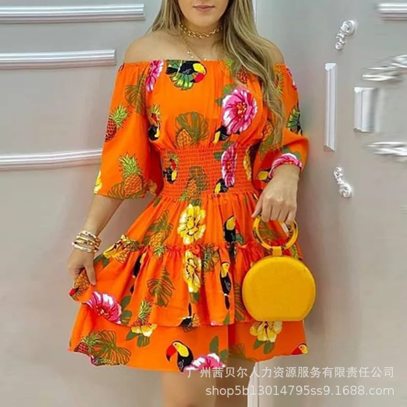 

Ladies One-line Neck Strapless Printed Dress Elegant Summer Bohemian Vacation Beach Dress Short Double Layer Ruffled Mini Dress