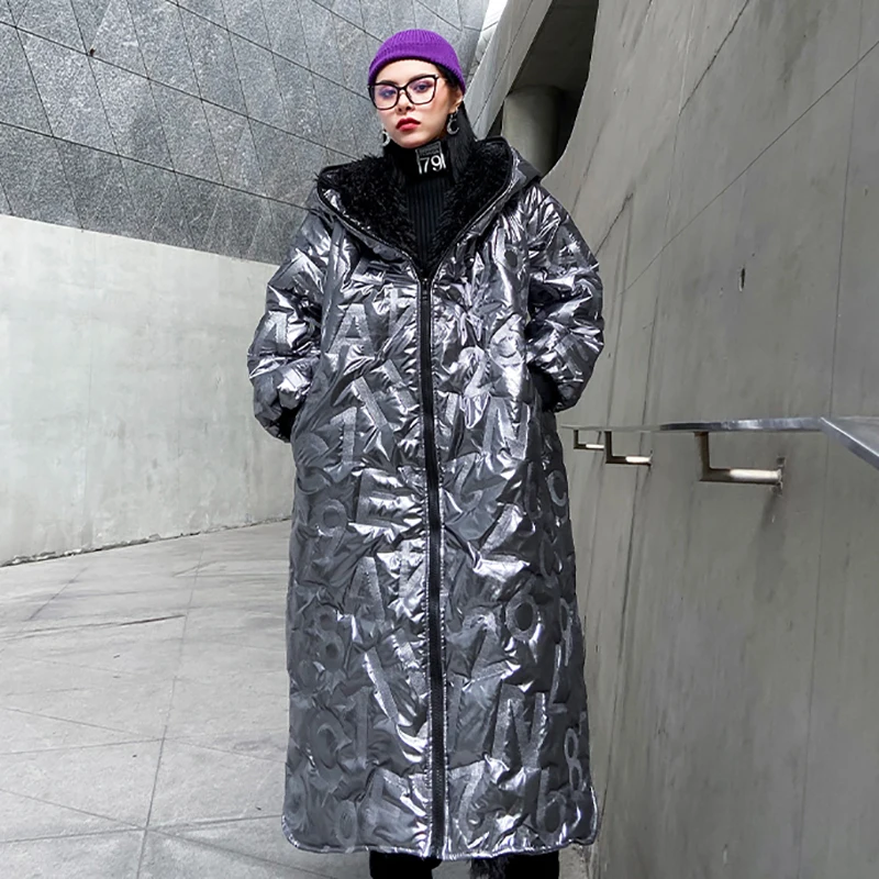 High Quality Hooded Big Size Letter Cotton-padded Coat Long Sleeve Loose Oversized Overcoat Women Parkas Fashion 2023 Winter New