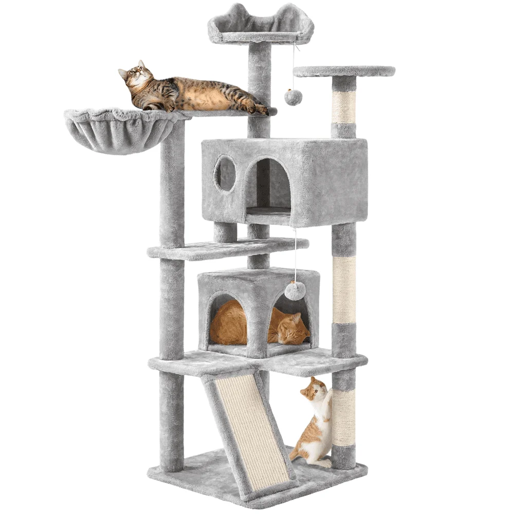 

54" Double Condo Cat Tree with Scratching Post Tower, Light Gray