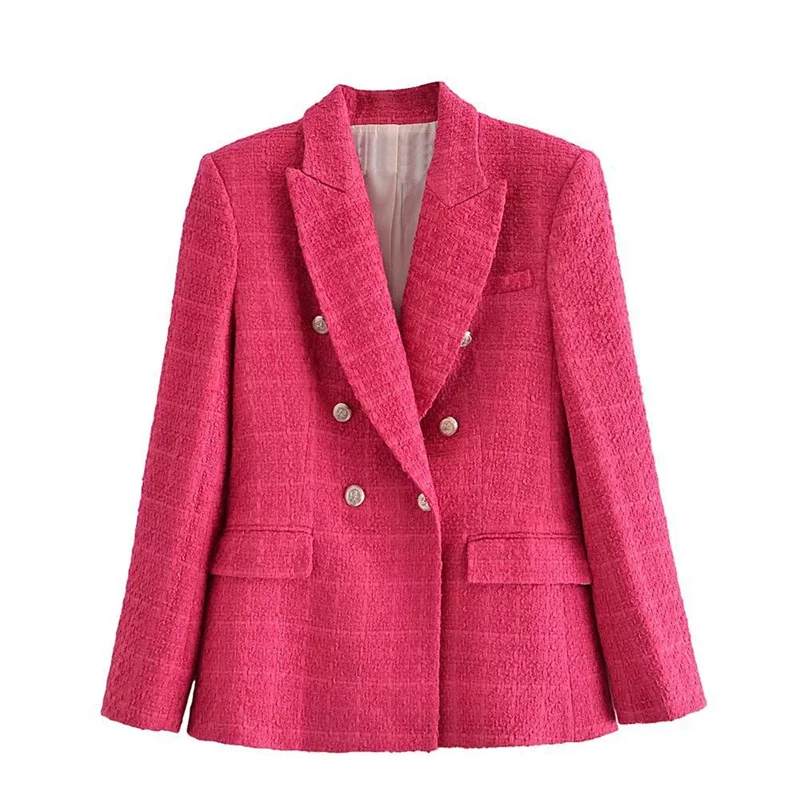 Vintage Striped Raglan Commuter Blazer Double-breasted Wwave Collar Suit Green Red Long Sleeve with Button Women Winter Jackets